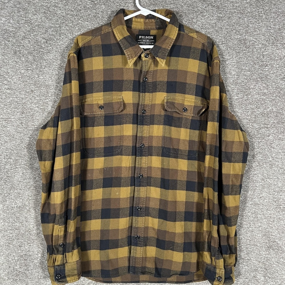 Filson Shirt Mens XL Brown Navy Plaid Cotton Flannel Long Sleeve Button Up